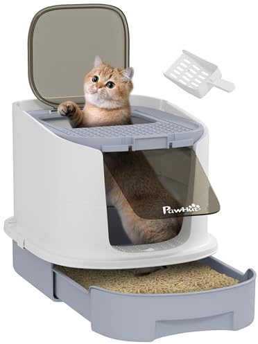 PawHut Lettiera per Gattini Chiusa con 2 Porte 40.5x52.5x42.5 cm Grigio | Vassoio Estraibile, Paletta e Deodorante, Lettiera per Gatti in PP