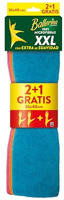 Ballerina Bayeta Microfibra XXL 36×40 cm | Pack 3 Unidades | Multi-Colores | Bordes Cosidos, Alta Absorción y Resistencia | Extra Suavidad | Atrapa Polvo y Grasa | Lavable 60°
