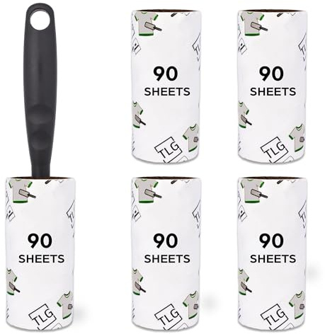 TLG Lint Roller with 5 Refills 450 Extra Sticky Sheets - Pet Hair Remover for Cat/Dog Fur/Hair on Clothes, Sofas & Carpets - Includes Handle & Easy-Peel Refills (450 Sheets)