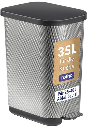 Rotho Orbe Mülleimer Küche 35 L Mülleimer mit Deckel Soft-Close Silber