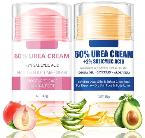 Hydrating and Anti-Cracking Foot Cream, 2Pcs Urea 60% Fußcreme Stick, Aloe Vera ＆ Pfirsich Hornhautentferner Creme Fußpflegecreme für Trockene, Rissige Füße, Fersen, Ellbogen, Handcreme, Bodylotion