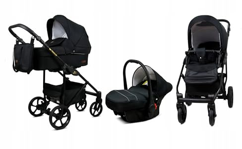 BabyLux® Kinderwagen Set 3 in 1 - Trailux - Onyx - incl. Babywanne, Buggy Sportsitz, Auto-Babyschale - Autositz - Kinderwagenset - Kombikinderwagen mit Wickeltasche, Regenschutz usw.