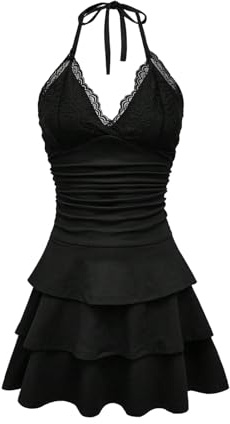 SweatyRocks Neckholder Kleid Damen Sommer Trägerkleid Partykleid Sommerkleid Mit Spitze Minikleid Mit Rüschen Kleid A Linie Kurz Elegant Damenkleider Schwarz L