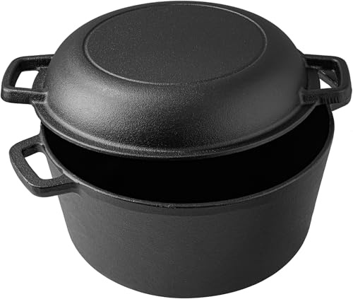 Vivicreate 5 QT Cast Iron Dutch Oven 2 in 1 Pre Seasoned with Skillet Lid Oven Safe Campfire Baking Sourdough Bread Camping Cookware Ollas de Hierro Fundido Para Cocinar Olla de Cocina Grande