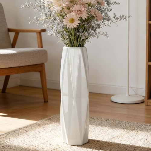 JIDOFUE Weiße Keramik Blumenstandvase 45cm, 17,7 Große Dekorative Vase für Wohnzimmer, Büro und Schlafzimmer, Moderne Hochzeitsdeko, Glänzende Glasur