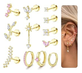 MILACOLATO 12 Pièces Piercing Oreille Boucles D'oreilles Pour Femmes Plaqué Or 14K Argent Helix Cartilage Tragus Conch Acier Inoxydable Chirurgical Petits Piercing Oreilles Ensemble de Bijoux Femmefgp