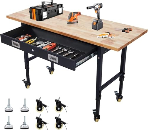 152cm Workbench With Power Outlets & Lockable Wheels, Rubber Wood Workstation Has Adjustable 5 Different Heights, Hardwood Work Table, 2000Lbs Load Capacity, for Workshop,Garage,Office and Home