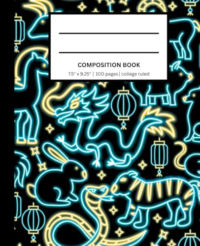Chinese Zodiac Neon Notebook – College Ruled Composition Book (7.5 x 9.25, 100 Pages): By Vine Street Design Company