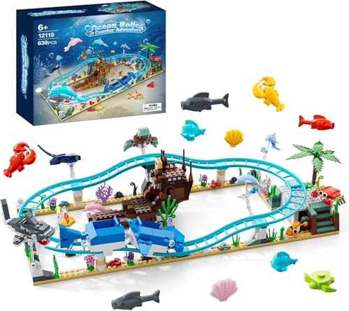 Rongmeiz Ozean-Achterbahn-Bausatz mit Forschungsschiff, Tiefseetieren & Meerestier-Figuren – Geschenk für Jungen & Mädchen ab 6-12 Jahren – Verwandelbar in Hai, Delfin, Schildkröte & Fisch