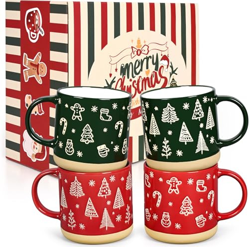 Joymaking Tasse Weihnachten Set Weihnachtsgeschenke für Freunde Kaffeetasse mit festlichem Design Weihnachtsbaum Schneemann Zuckerstange Weihnachtstasse für heißen Kakao Glühwein, 380ml 4er Set