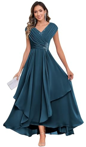 JAEDEN Kleid für Brautmutter Chiffon Brautmutterkleid V-Ausschnitt Abendkleider A-Linie Festliches Kleid Teal 42
