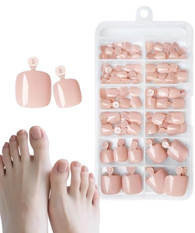 Yotlein 120 Stück Hautfarbene Aufdrückbare Zehennägel, Fußnägel Zum Aufkleben, Fake Nails für Nail Art DIY, Kurze Hautfarbene Fake Toenails mit Klebepads, Feile & Holzstäbchen