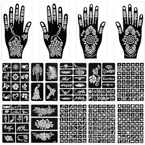 alwaiiz Lot de 281 pochoirs au henné, 14 feuilles de tatouage temporaire au henné, pochoirs à paillettes pour le visage, les mains, les pieds et le dos