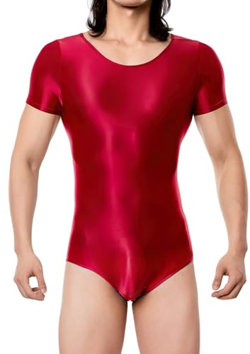 FEOYA Herr Brilliant Wetlook jumpsuit Catsuit Kortärmad Sexig Body, Färg: röd, L