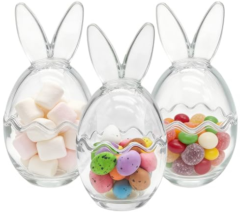 Baseballbat Set of 3 Glass Bunny Jars with Ears Egg-Shaped Glassware 17cm Height 8.5cm Caliber Easter Candy Storage Containers Spring Decorative Glass Bunny Jars for Treats and Home Decoration