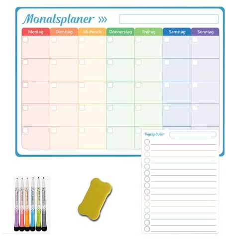 Nzkeuf A3 Wochenplaner Abwischbar mit 6 Stiften und Schwamm Radierer zum Aufhängen, Wochenplaner Magnetischer für Haushaltsplan, Einkaufsliste, Essens- und Fitnessplanung, Deutsch, 42×30cm