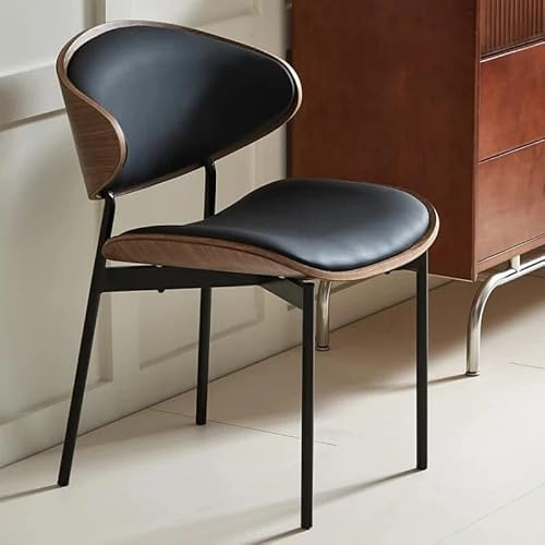 NMVAWIPT Silla De Comedor Moderna con Respaldo Curvo, Madera Nogal Y Cuero Negro, Estructura Metal