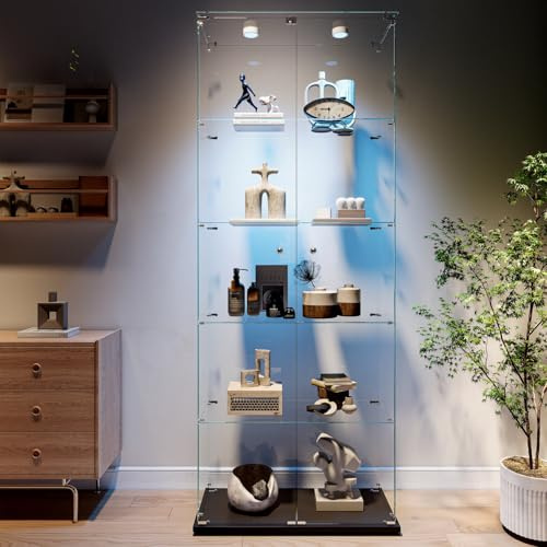 Teahutty Glasvitrine Standvitrine, 5 Lagen Stehend transparent Glas Vitrine, Vitrinenschrank mit 2 Türen und Schloss, für Wohnzimmer, Figuren, Büro Sammlerstücke (5 Etagen+2 Türen