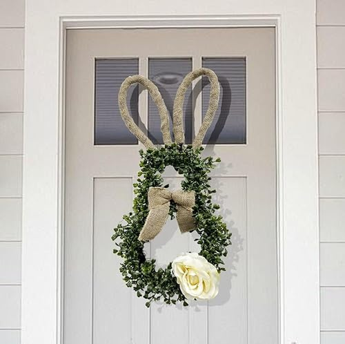 Osterdeko Hase Kranz, Ostern Deko Osterkranz Haustür mit Weiß Blumen und Schleifen Osterhase Türkranz Deko, Hängende Türkranz Ostern Outdoor Osterhase Deko Kranz für Haustür Wand (A)