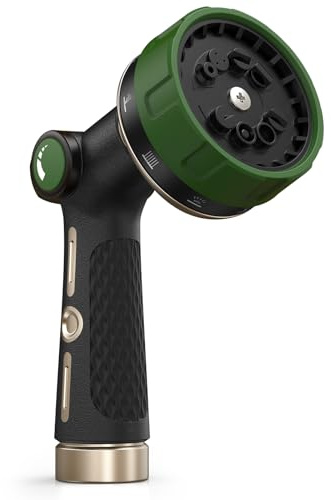 RAINPOINT Garden Hose Nozzle Heavy Duty - 100% Metal Thumb Control Spray Nozzles for Garden Hose High Pressure, 10 Patterns Water Hose Nozzle for Car Wash, Watering Lawn and Pets, Bottle Green