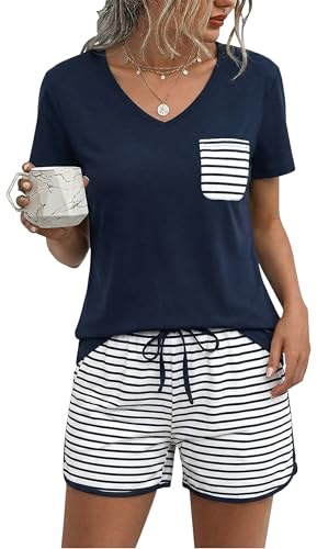 Demegimi Pyjama Femme Été Ensemble 2 Pièces Short et Haut Manche Courte Col V Vêtements de Nuit Coupe Décontractée Tenue de Détente Pyjashort Respirant pour Maison Sommer