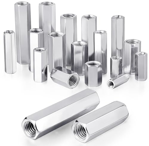 Dshunnc 16 piezas Tuerca larga M10 x 50 mm, manguito roscado de acero al carbono, tuerca roscada hexagonal, tuercas de unión galvanizadas, ideal para montaje de muebles, ingeniería mecánica
