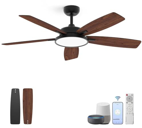 Taloya 52 Inch Modern Ceiling Fans with Lights and Remote, Smart with App Control, Dimmable LED, 6 Speeds, 3000-6500K, Quiet Reversible DC Motor for Bedroom Living Room Office, Black
