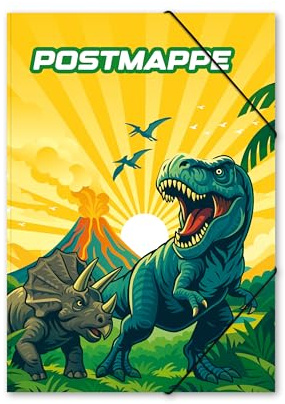 itenga Postmappe aus stabilem Kunststoff PP - Gummizugmappe mit Motivauswahl für Jungen DIN A4 mit Gummizugverschluss - Sammelmappe Eckspanner (Dinosaurier - DINO WORLD)