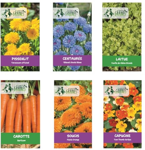 Lot de 6 sachets de graines pour Lapin : Pissenlit - Souci - Capucine - centaurée- laitue - Carotte - Naturelle et Équilibrée