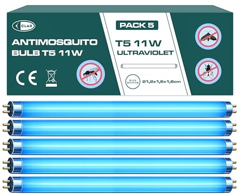 CLAR - Neon Per Zanzariera Elettrica, Lampada UV T5, Neon UV, Lampadine Antizanzare, Lampada Attinica, Lampadina Antizanzare, Lampadina Anti Insetti Per Esterno, 21,2 x 1,6 cm (11 Watts T5, Pack 5)