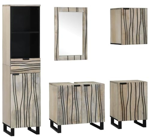 RuiNingRN Juego de muebles de baño color nogal con estante y espejo, 5 piezas, material de madera, armario bajo, armario alto, armario de pared, cajón para invitados, inodoro y lavabo