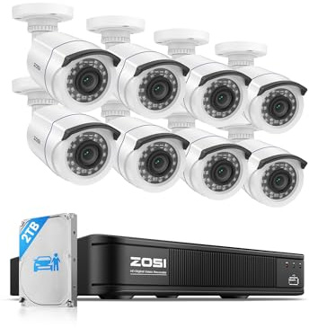 ZOSI 1080P H.265+ Home Security Camera System with AI Human Vehicle Detection, 5MP 3K Lite 8 Channel CCTV DVR Recorder with 2TB Hard Drive and 8 x 1080p Surveillance Bullet Camera Outdoor Indoor