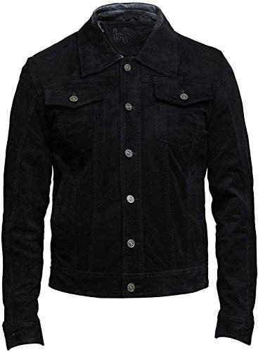 BRANDSLOCK Herren Leder Biker Jacke Casual Style Exklusives Ziegen-Wildlederhemd Denim Jeans Style (M, schwarz)