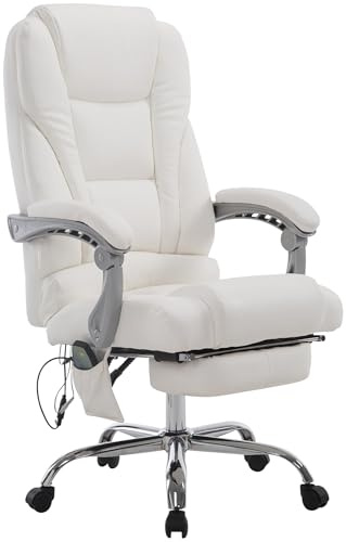 CLP Bürostuhl Pacific Kunstleder I Massage-Funktion I Ergonomisch, 360° Drehbar Mit Fußablage I Höhenverstellbar, Neigbare Rückenlehne, Farbe:weiß