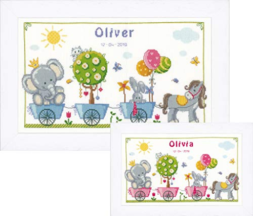 Vervaco Gezählter Kreuzstich Stickpackungen Stickset Baby Geburt Fröhliche Tierfreunde Wanddekoration Handarbeit Set für Erwachsene Kreatives Handwerk ca. 41 x 24 cm Geburt Geschenk Hausdeko