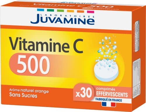 JUVAMINE Vitamine C 500, Contribue à réduire la Fatigue, Participe au fonctionnement normal du système immunitaire, 30 Comprimés effervescents, Arôme orange, Fabriqué en France
