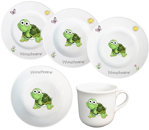 Kindergeschirr personalisiert - Kinderservice 5-tlg. Kinder Service Set aus Porzellan Teller Becher Schale personalisierbar mit Wunschname Name Kindergeschirr mit Namen personalisiert (Schildkröte)