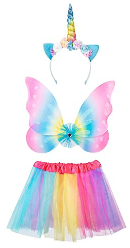 Boland 52874 - Kostümset Einhorn Fee, Einheitsgröße für Kinder, Tüll Rock, Feenflügel, Haarreif mit Ohren, Horn, Blumen, Regenbogenfarben, Tütü, Mottoparty, Karneval