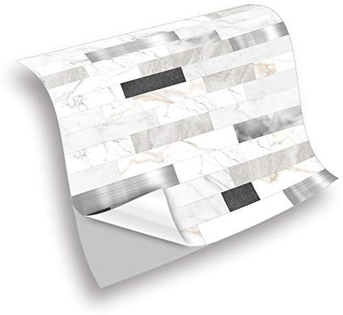Hiseng 25 Pièces Marbre Adhésive Décorative à Carreaux pour Salle de Bains et Cuisine Stickers Carrelage, Métal Mosaïque Style Imperméables Auto-adhésifs 3D Décoration (20x20cm,Blanc Classique)
