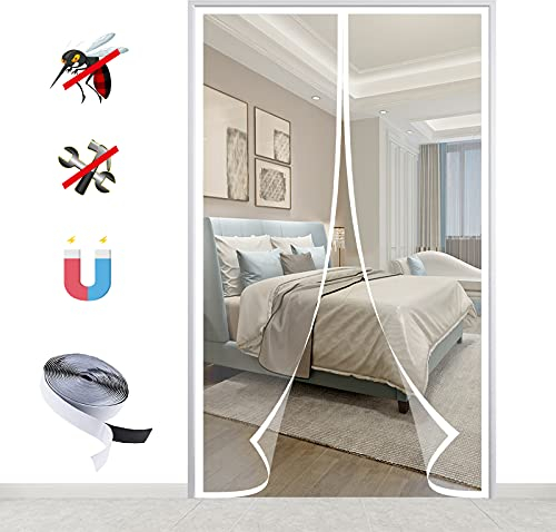 Magnet Fliegengitter Tür, Insektenschutz Balkontür Automatisches Schließen Fliegenvorhang Moskitonetz für Balkontür Wohnzimmer, Ohne Bohren-White-A|| 70x200cm(27x78inch)