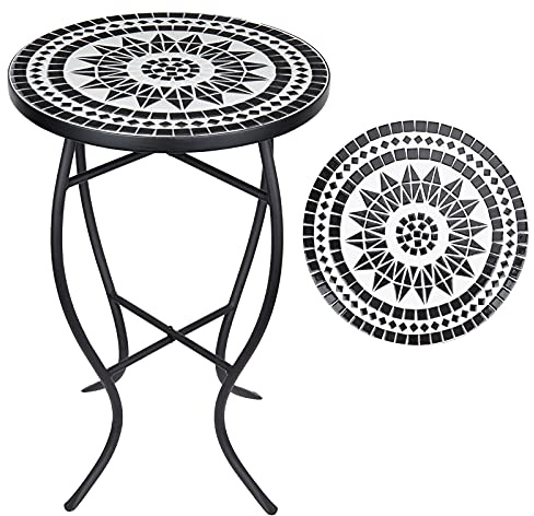 Vipush Mosaik Terrasse Beistelltisch Outdoor Akzent Tisch Bistro Couchtisch Pflanzenständer Indoor Klappbarer runder Beistelltisch für kleine Veranda, Balkon, Hinterhof, Schwarz