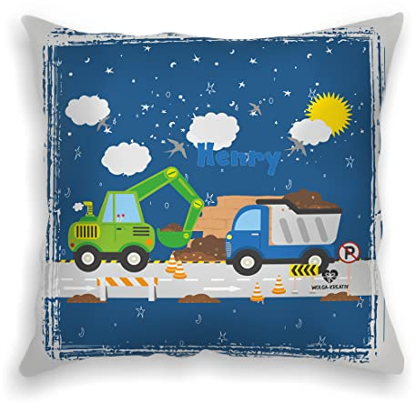 wolga-kreativ personalisiertes Kissen Bagger Lastwagen 40x40 cm – Kuschelkissen mit Namen & süßen Kindermotiven – Geschenk zur Geburt, Taufe & Geburtstag –Flauschiges Namenskissen