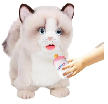 CU-MATE Interactive Pet Ragdoll Cat,Electric Plush Toy Cat,Robot Stuffed Cat with Walking/Nodding/Tail Wagging/Barking/Drinking Milk, Gift for Girls Boys