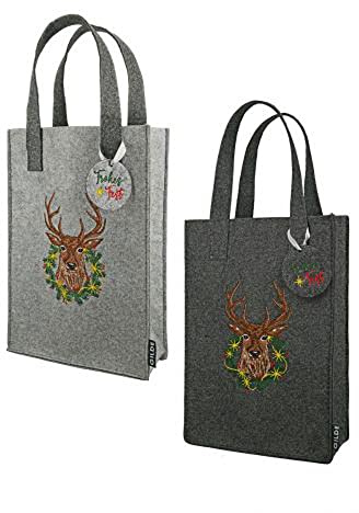 HandWerk Gilde Filz Geschenktaschen Hirsch Frohes Fest hellgrau und dunkelgrau 30x20x8cm 2er Set