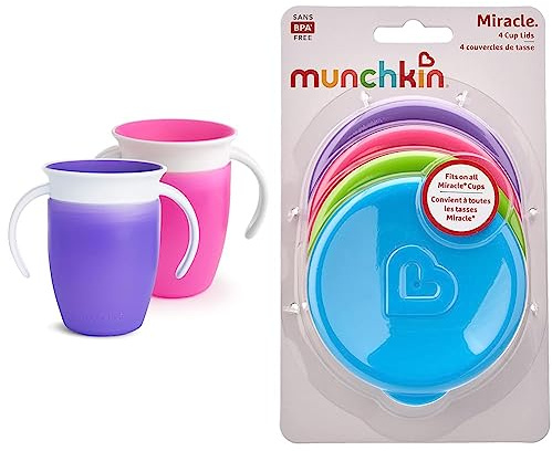 Munchkin Miracle 360 vaso aprendizaje bebe antiderrames, Rosa/Morado, 207 ml, 2 Unidad (Paquete de 1) & Tapas para los Vasos Miracle, adaptable a todos los estilos de Vasos Miracle, pack de 4
