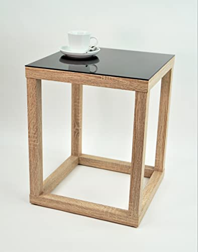 freeroom24, Beistelltisch, Wohnzimmertisch, Couchtisch, Coffee Table, Kaffeetisch, Blumenhocker, Blumensäule, Cube, Holzoptik Sonoma Eiche Nachbildung, Glas schwarz, 20 x 20 x 30cm, Made in Germany