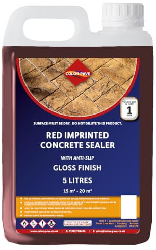 Swiss Seal | RED Coloured Imprinted Concrete Sealer GLOSS FINISH + ANTI-SLIP | Colour Tinted Driveway & Patio Sealant - Wet Look | Colour Tint Sealant For Outdoor Concrete Floor (5 Litre)