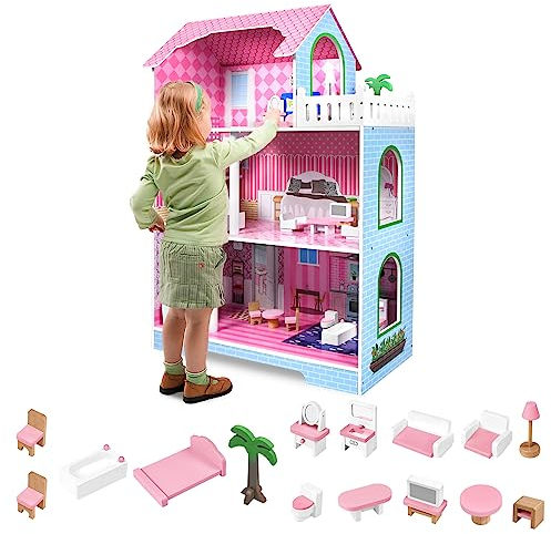 JOIEYOU Puppenhaus aus Holz Puppen Spielhaus 3 Etagen, 70x30x100cm Große Puppenvilla mit Möbeln und Zubehör Dollhouse Spielzeug für Mädchen und Jungen, Typ B