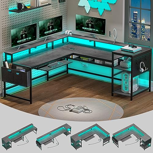 SEDETA L Shaped Gaming Desk, Convertible 96 Home Office Desk or Corner Desk, L Shaped Table with Power Outlets & LED Strip, Monitor Stand, Keyboard Tray, Pegboard and Storage Shelves, Grey