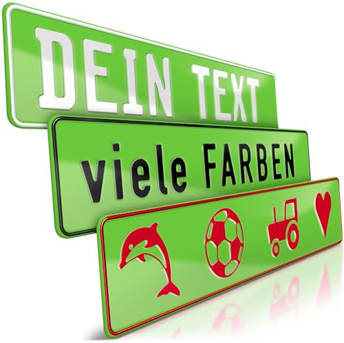 schildEVO 1 Fun-Schild geprägt | Hell-Grün mit Wunschtext bis zu 16 Zeichen | Individuelles Fun-Kennzeichen aus Aluminium | Namensschild | Auto-Kennzeichen | Optional Löcher & Saugnäpfe